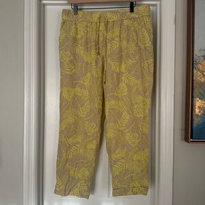 Calvin Klein Straight Leg Tropical Leaves Yellow Tan Pull-On Pants Elastic Tie